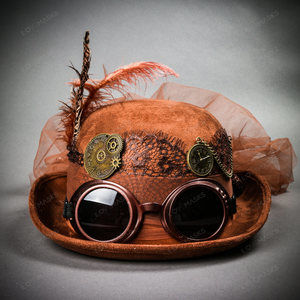 Steampunk Victorian Bowler Flower Laces Top Hat - Brown